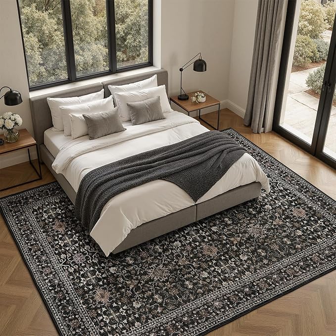 DCX Machine Washable Black Area Rug 5x7, Non Slip Stain Resistant Vintage Area Rug for Living Room Diningroom Bedroom Nursery, Soft Low Pile Large Carpet