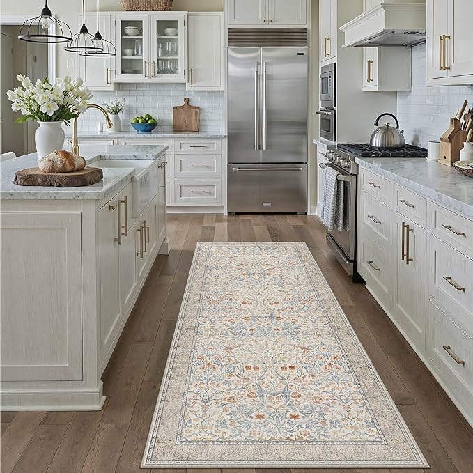 HUGEAR Vintage Floral 2x6 Machine Washable Runner Rugs Beige Hallway Rug Retro Neutral Stain Resistant Non Slip Low Pile Throw Carpet for Bedroom Kitchen Aesthetic Modern Decor