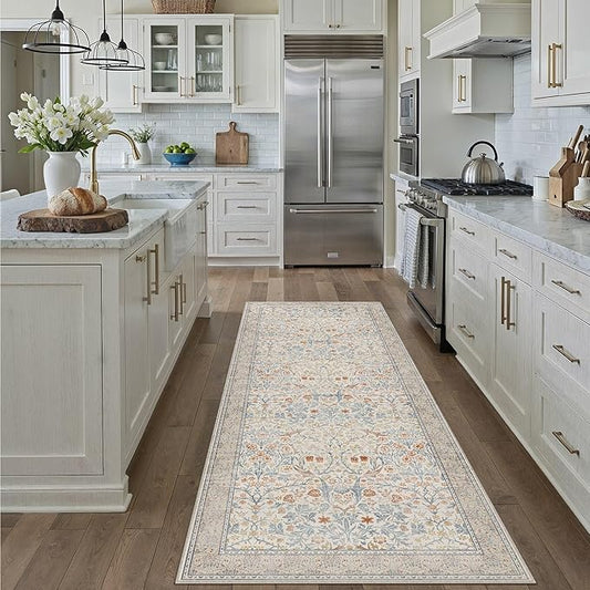 HUGEAR Vintage Floral 2x6 Machine Washable Runner Rugs Beige Hallway Rug Retro Neutral Stain Resistant Non Slip Low Pile Throw Carpet for Bedroom Kitchen Aesthetic Modern Decor