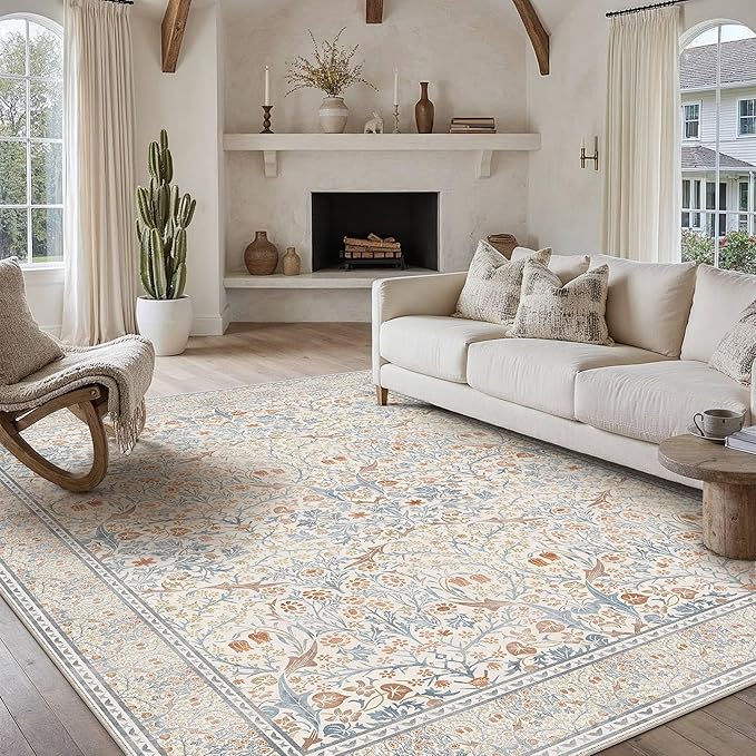 HUGEAR Vintage Floral Machine Washable 6x9 Area Rugs Beige Living Room Bedroom Rug Retro Neutral Stain Resistant Non Slip Low Pile Throw Carpet for Home Aesthetic Modern Decor
