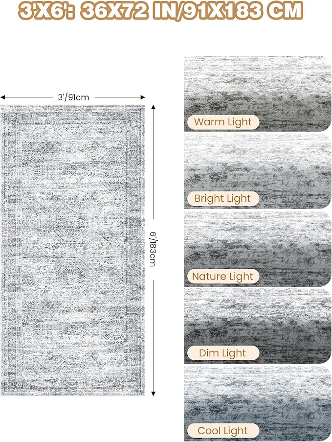3x6 Runner Rug Non Slip, Thin Entryway Washable Rug for Entryway, Runners for Hallways, Low Pile Vintage Abstract Soft Rugs for Living Room, Kitchen, Bedroom (3'x6', Grey/Ivory')