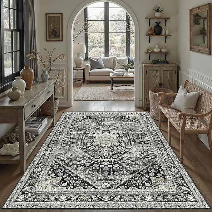 DCX Machine Washable Black Area Rug 5x7, Non Slip Stain Resistant Vintage Floral Rug for Living Room Bedroom Nursery, Soft Low Pile Large Carpet