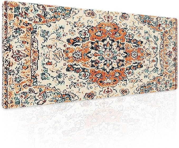 Vintage Rug Gaming Mouse Pad XL Orange Teal Retro Carpet Aesthetic Extended Large Mat Bohemian Boho Mousepad Desk Pad Non-Slip Rubber Base Stitched Edge Flower Keyboard Pad for Computer,31.5×11.8 in