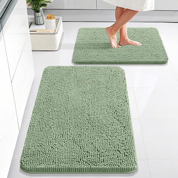 OLANLY Bathroom Rugs Sets 2 Piece, Soft Absorbent Chenille Bath Mats Area Rug Set, Non-Slip, Quick Dry, Machine Washable Bath Mats for Bathroom, Home Decor Accessories (30"x20"+24"x16", Sage Green)
