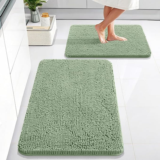 OLANLY Bathroom Rugs Sets 2 Piece, Soft Absorbent Chenille Bath Mats Area Rug Set, Non-Slip, Quick Dry, Machine Washable Bath Mats for Bathroom, Home Decor Accessories (30"x20"+24"x16", Sage Green)