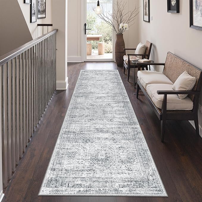 2x7 Runner Rug Non Slip, Thin Entryway Washable Rug for Entryway, Runners for Hallways, Low Pile Vintage Abstract Soft Rugs for Living Room, Kitchen, Bedroom(2'x7', Grey/Ivory')