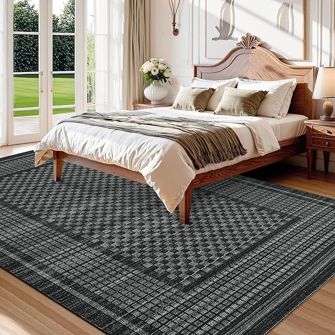 Washable Area Rugs 5x7 Rug for Living Room Modern Large Area Rug for Bedroom Aesthetic Non Slip Throw Rugs Soft Faux Wool Low Pile Stain Resistant Carpet for Dining Room Office Rug 5'x7' Black