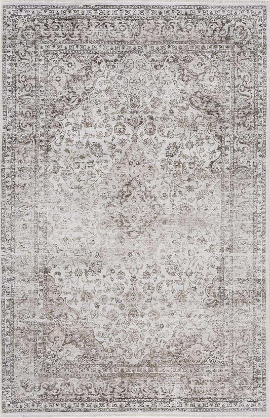 Hauteloom Ikatra Bohemian Vintage Medallion Area Rug - Farmhouse Oriental Carpet for Living Room, Bedroom - Machine Washable- Pearl, Dark Brown, Brown - 6'7" x 9'