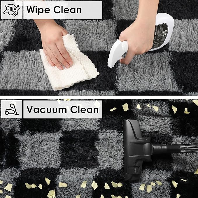 KICMOR Round Rugs 5ft Black and Grey Circle Area Rug, Fluffy Soft Fuzzy Shag Shaggy Bedroom Living Room Carpet, Indoor Checkered Circular Rug for Teen Kids Boys Girls Home Decor Aesthetic, Nursery