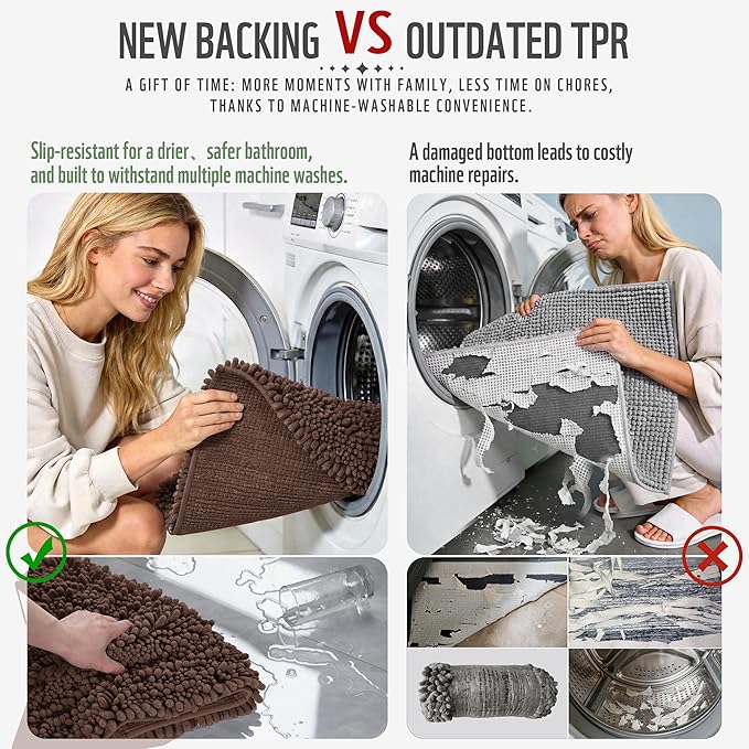 Yimobra Bathroom Runner Rug 60x24 Inch - Extra Long Non Slip Chenille Bath Mat, Soft & Absorbent, Machine Washable Shaggy Hallway Carpet for Vanity Tub Shower, Brown Home Decor Accessories