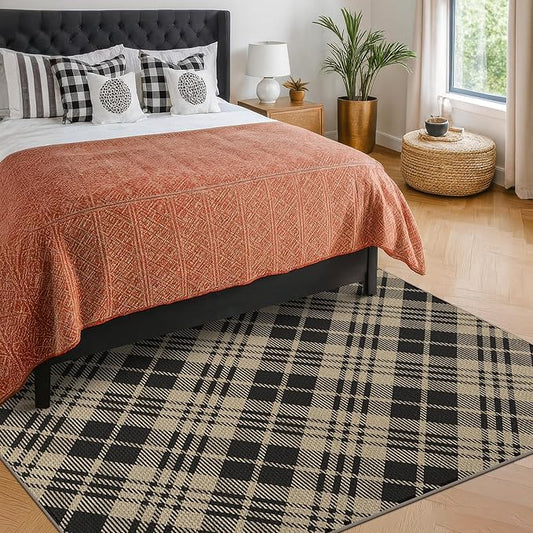 JTJ Vintage Easy Jute Rugs for Bedroom 5x7 - Diamond Patterned Woven Rug for Indoor Area, Living Room, Washable Low Pile Black and White Classic Decor
