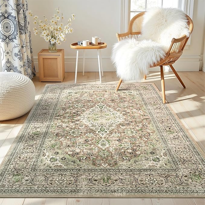 4x6 Green Washable Boho Area Rug for Bedroom, Vintage Floral Non Slip Living Room Rugs, Soft Low Pile Indoor Mat, Aesthetic Pattern Carpet for Kitchen, Dining Room and Bedside