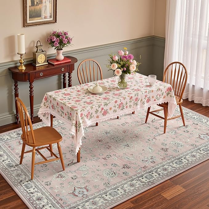 5x7 Light Pink Washable Boho Area Rug for Living Room, Vintage Floral Non Slip Bedroom Rugs, Wool Low Pile Indoor Mat, Aesthetic Pattern Carpet for Kitchen, Office and Kids Room