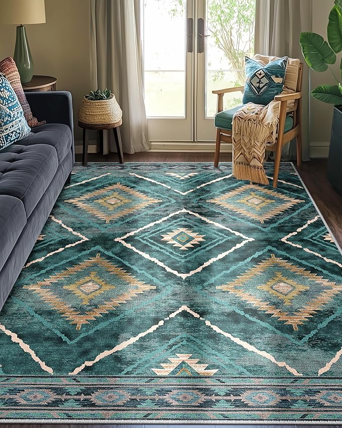 Area Rug 5x7 Rug Machine Washable Non-Slip Low Pile Print Pattern Western Rug for Living Room Bedroom Entryway Tribal Series -Teal/Green