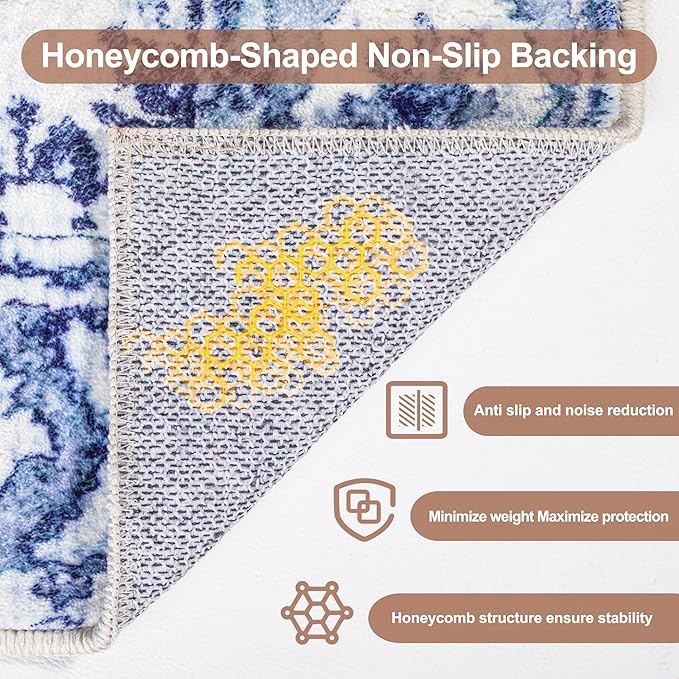 Area Rug 5x7 - Vintage Floral Honeycomb Non Slip Backing Carpet - Blue Softer Thicker Faux Wool Rug - Foldable & Machine Washable Rugs for Living Room Bedroom Dining Room Home Office