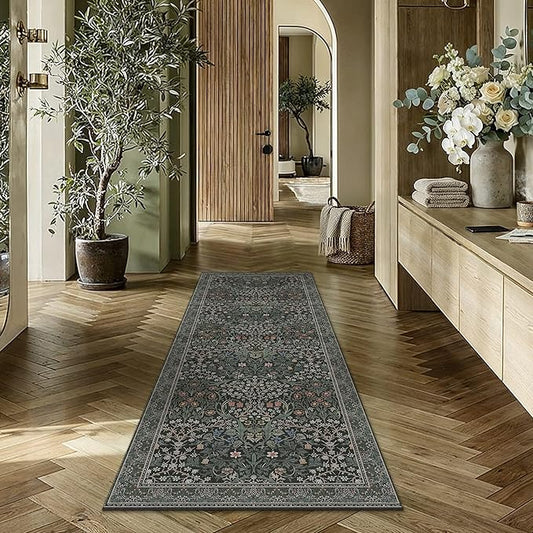 HUGEAR Vintage Floral 2x6 Machine Washable Runner Rugs Black Green Hallway Rug Retro Neutral Stain Resistant Non Slip Low Pile Throw Carpet for Bedroom Kitchen Aesthetic Modern Decor
