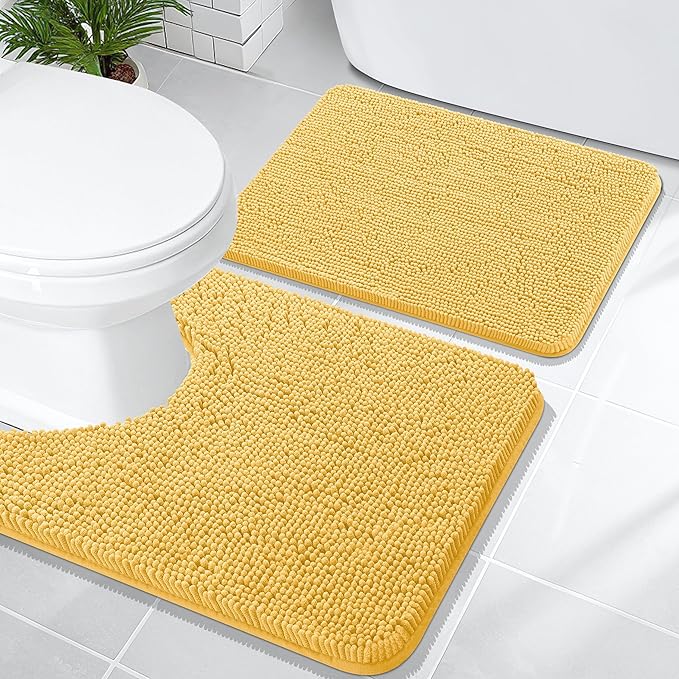 OLANLY Bathroom Rugs Sets 2 Piece, Soft Absorbent Chenille Bath Mats and U-Shaped Contour Toilet Mat Area Rug Set, Machine Washable Bath Carpet, Home Decor Accessories(24"x16"+24"x20", Yellow)