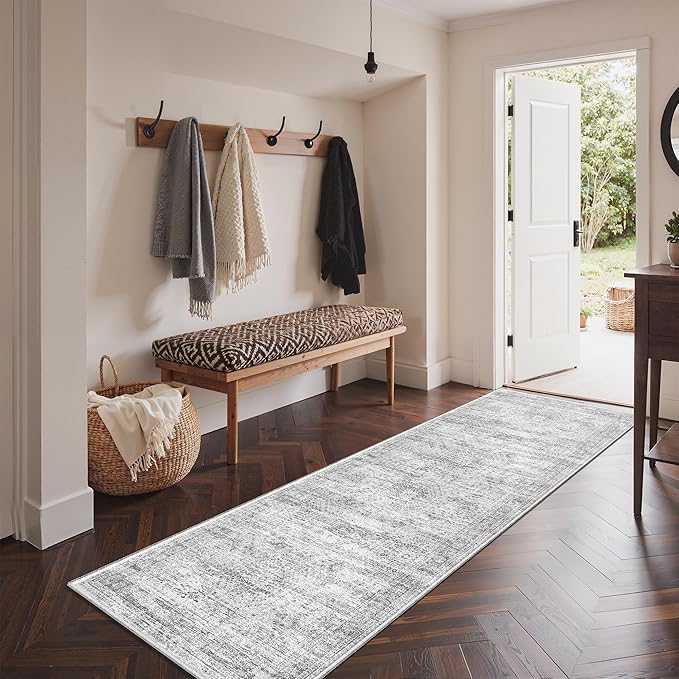 3x6 Runner Rug Non Slip, Thin Entryway Washable Rug for Entryway, Runners for Hallways, Low Pile Vintage Abstract Soft Rugs for Living Room, Kitchen, Bedroom (3'x6', Grey/Ivory')