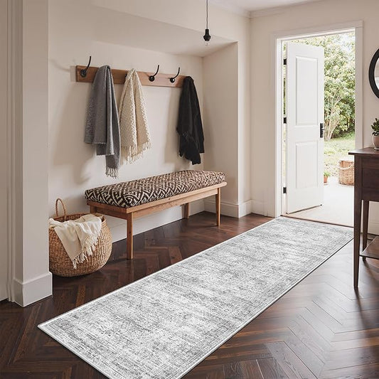3x6 Runner Rug Non Slip, Thin Entryway Washable Rug for Entryway, Runners for Hallways, Low Pile Vintage Abstract Soft Rugs for Living Room, Kitchen, Bedroom (3'x6', Grey/Ivory')