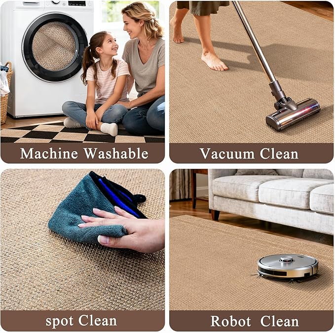 Easy Jute 2x5 Runner Rug: Non Slip Solid Color Low Pile Indoor Doormat - Machine Washable Entryway Kitchen Bathroom - Carpet for Dorms Small Spaces Ideal for Young Families First Home (Beige,2x5)