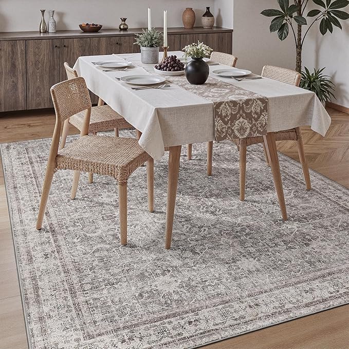 DCX Machine Washable Beige and Grey Area Rug 5x7, Non Slip Stain Resistant Vintage Rug for Living Room Diningroom Bedroom Nursery, Soft Low Pile Large Carpet