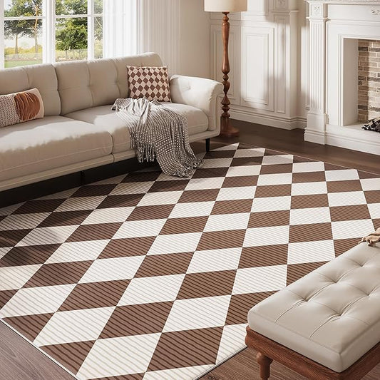 3x5 Washable Checkered Rugs for Bedroom, Brown and White Area Rug for Living Room, Geometric Faux Wool Carpet for Kids, Girls, Boys Playroom, Dorm, Nursery, Dining Room, Kitchen, Non Slip
