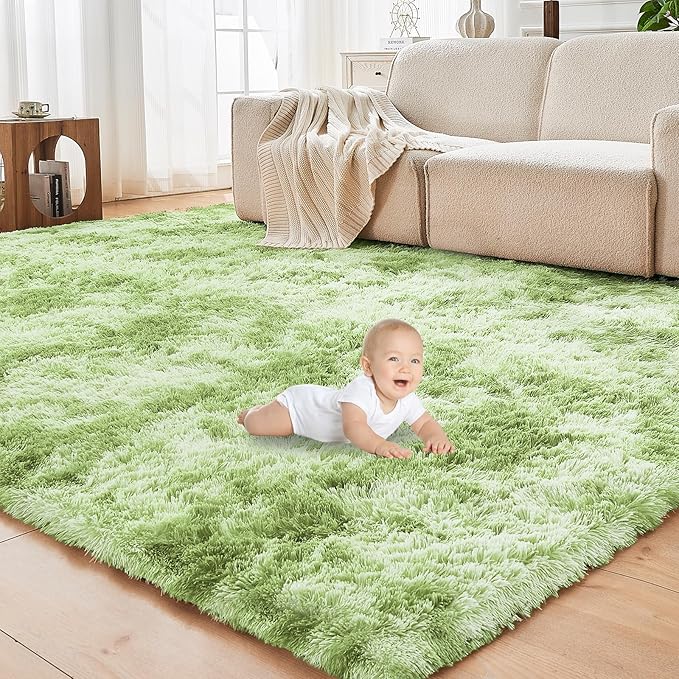 OPPODREAM Area Rug for Living Room, Ultra Soft Nursery Rugs for Bedrooms, 4x6 Fluffy Kids Carpet with 0.6" Thick Non-Slip Backing, Long Pile Shag Carpet, Fuzzy, Shaggy, Tie-dye Light Green & Green