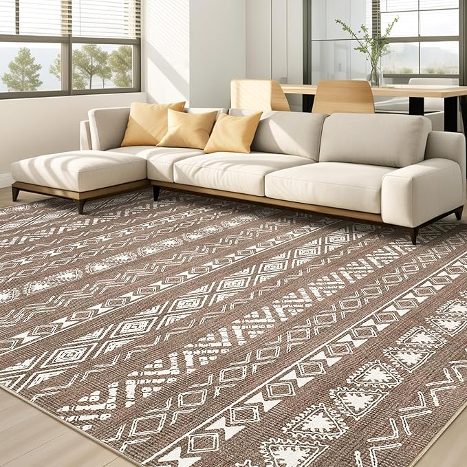 Area Rug Living Room Rugs - 8X10 Washable Boho Farmhouse Bohemian Neutral Large Moroccan Geometric Soft No Slip Indoor Thin Floor Carpet for Bedroom Under Dining Table Home Office -Dark Brown