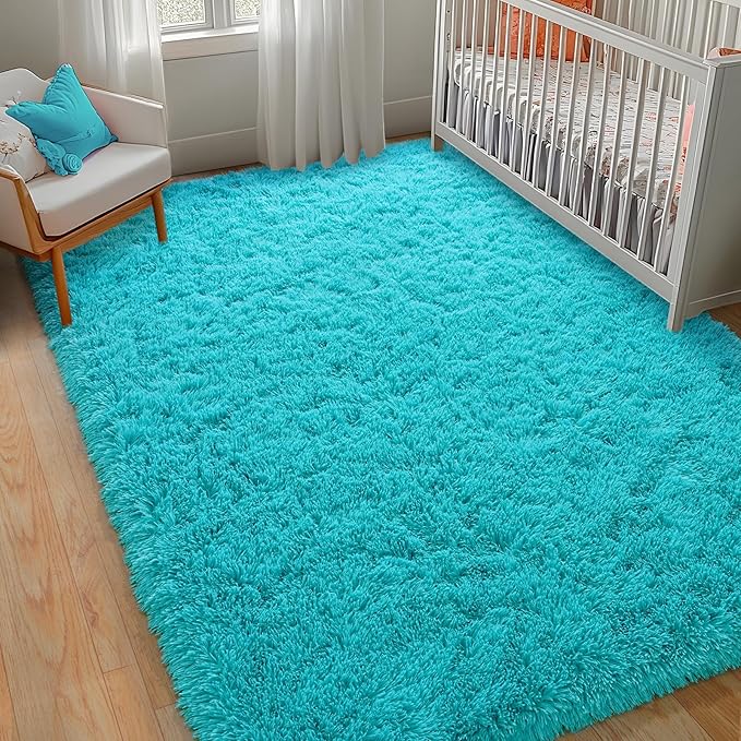 Teal Blue Shag Rug for Bedroom, 4x5.9 Feet Fluffy Area Rugs for Living Room and Nursery, Soft and Comfy, Fuzzy Carpet for Girls Boys Kids Room Dorm Home Decor Aesthetic, Upgrade Non Slip