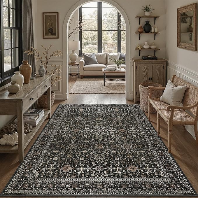 DCX Machine Washable Black Area Rug 5x7, Non Slip Stain Resistant Vintage Area Rug for Living Room Diningroom Bedroom Nursery, Soft Low Pile Large Carpet