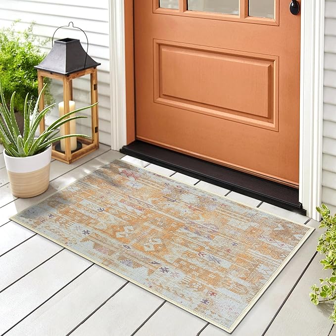 GLN Rugs Bohemian Collection - Machine Washable Area Rug, Bohemian Vintage, Non Slip, Low Pile Chenille Rug, Living Room, Bedroom, Bathroom Rug (2'x3' Yellow)