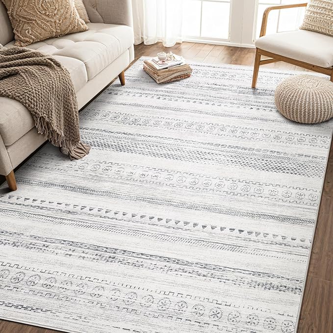 Area Rug Living Room Rugs - 5x7 Washable Boho Farmhouse Bohemian Neutral Large Moroccan Geometric Soft No Slip Indoor Rug Thin Floor Carpet for Bedroom Under Dining Table Home Office - Grey