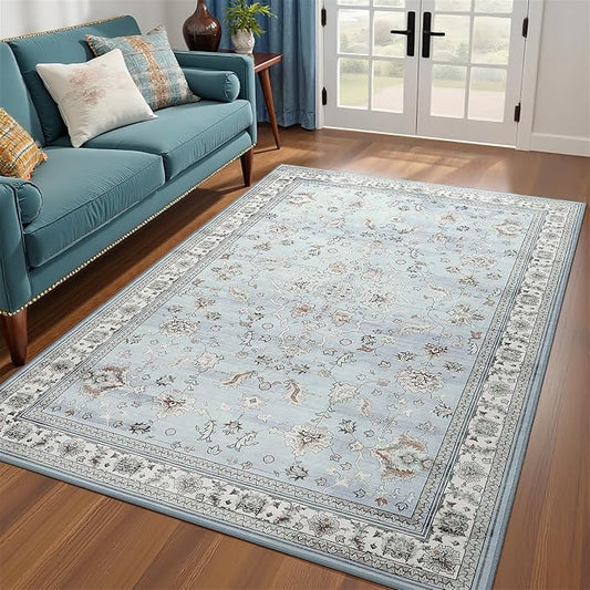 4x6 Light Blue Washable Boho Area Rug for Living Room, Vintage Floral Non Slip Bedroom Rugs, Wool Low Pile Indoor Mat, Aesthetic Pattern Carpet for Kitchen, Office and Bedside