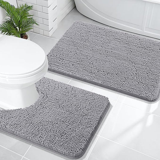 OLANLY Bathroom Rugs Sets 2 Piece, Soft Absorbent Chenille Bath Mats and U-Shaped Contour Toilet Mat Area Rug Set, Machine Washable Bath Carpet, Home Decor Accessories(30"x20"+24"x20", Grey)