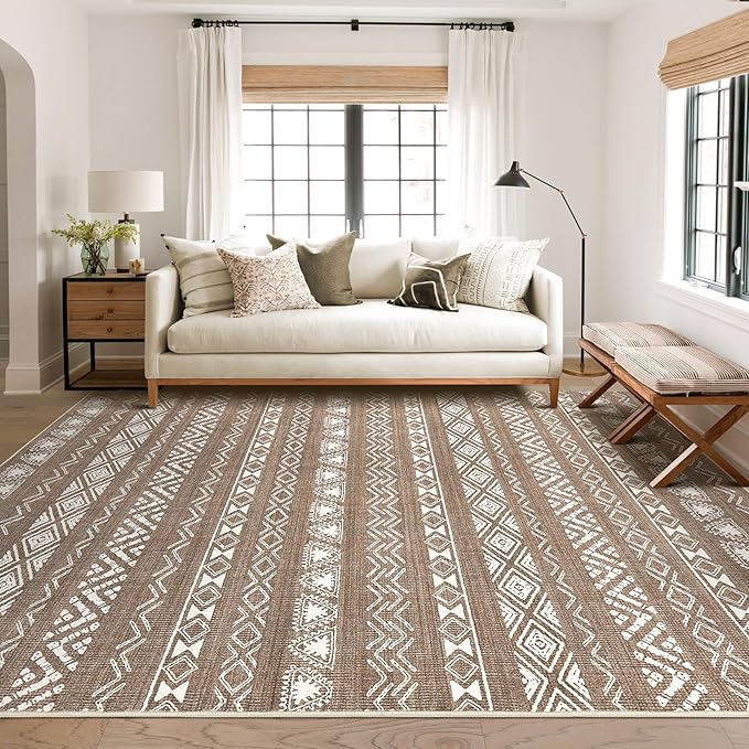Area Rug Living Room Rugs - 6X9 Washable Boho Farmhouse Bohemian Neutral Large Moroccan Geometric Soft No Slip Indoor Thin Floor Carpet for Bedroom Under Dining Table Home Office -Dark Brown