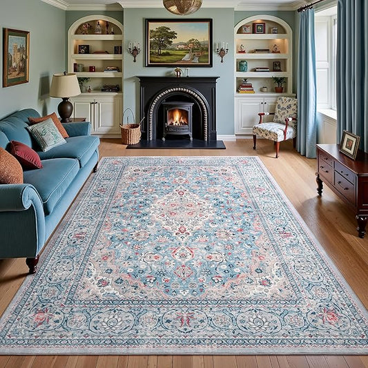 Blue Washable Boho Area Rug, 6x9 Vintage Floral Non Slip Rugs for Living Room Bedroom, Soft Low Pile Indoor Mat, Aesthetic Pattern Carpet for Kitchen and Dining Room