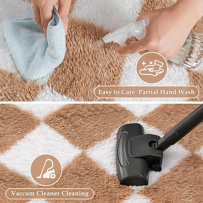 8x10 Checkered Rug for Living Room Brown and White Soft Fluffy Shag Area Rug Bedroom Vintage Plush High Pile Non Slip Fuzzy Carpet for Aesthetic Home Decor