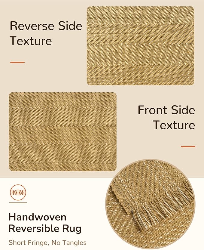 BESTSWEETIE 4x6 Washable Rug Hand-Woven Low Pile Soft Modern Farmhouse Bohemian Decor Reversible Braided Rugs with Tassels Throw Carpet for Living Room Bedroom Entryway Bathroom, Natural Jute