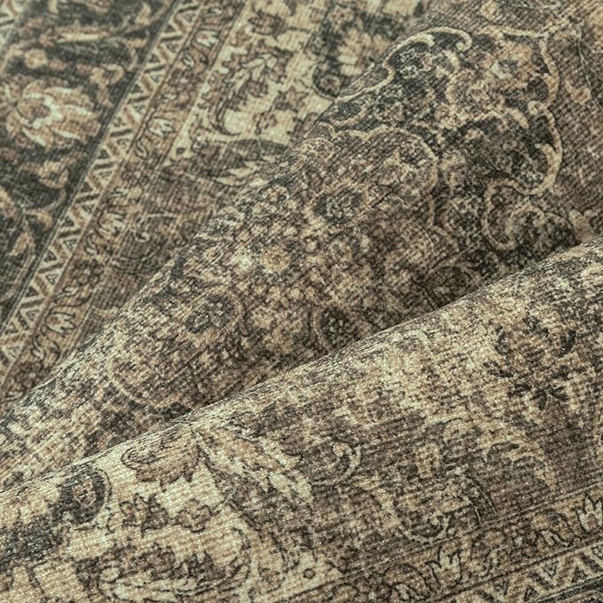 3x8 Washable Brown Runner Rug Vintage Hallway Kitchen Carpet Non-Slip Soft Low Pile Distressed Throw Rug for Bedroom Bathroom Laundry Living Room