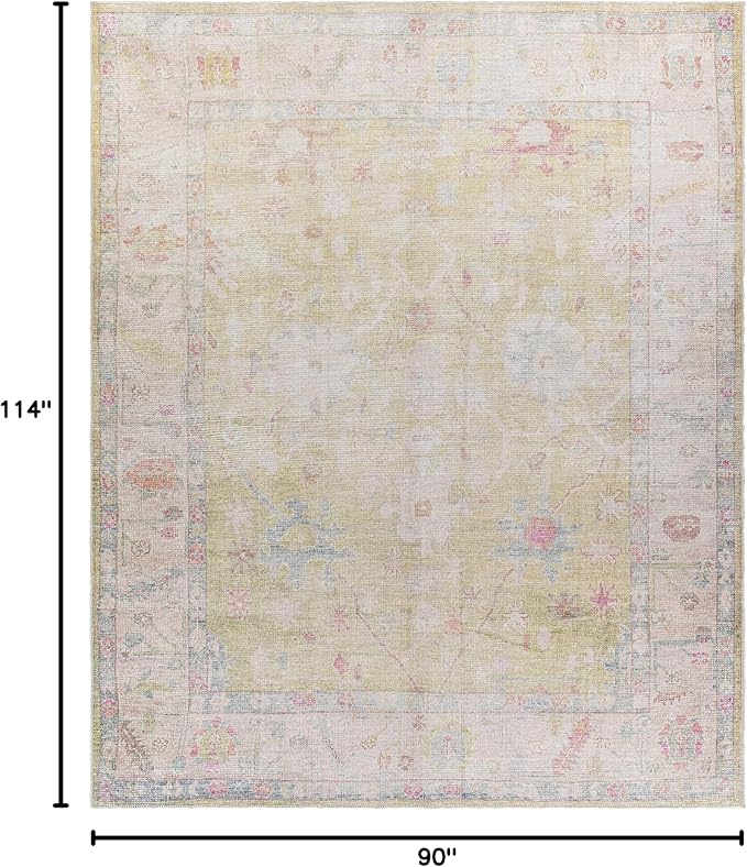 Hauteloom Zinnia Vintage Distressed Faded Area Rug - Oriental Bohemian Turkish Floral Carpet - Machine Washable Rug - Stain Resistant - Pet Friendly - Pink, Green, Blue - 7'6" x 9'6" (8x10)