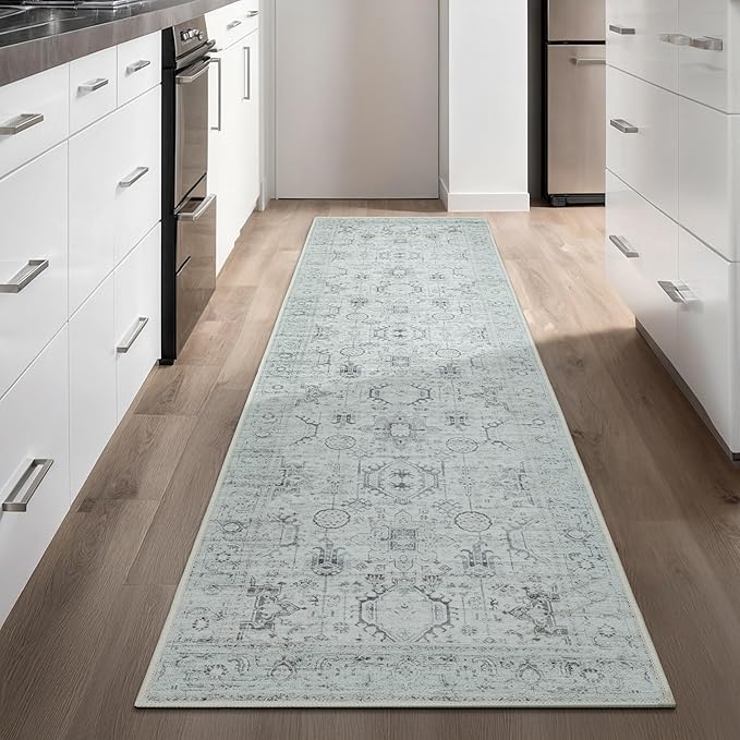 GLN Rugs Bohemian Collection - Machine Washable Area Rug, Bohemian Vintage, Non Slip, Low Pile Chenille Rug, Living Room, Bedroom, Bathroom Rug (2'6"x10' Beige and Gray)