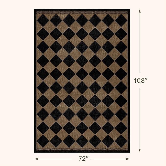 Vintage Rustic Cabin Easy Jute Black and Brown Checkered Rug for Dining Room 6x9, Stain Resistant Non-Slip Checkerboard Living Room Rug, Durable Boho Border Low Pile Carpet for Bedroom and Office
