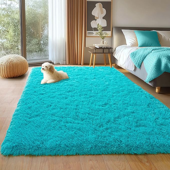 Teal Blue Shag Rug for Bedroom, 4x5.9 Feet Fluffy Area Rugs for Living Room and Nursery, Soft and Comfy, Fuzzy Carpet for Girls Boys Kids Room Dorm Home Decor Aesthetic, Upgrade Non Slip