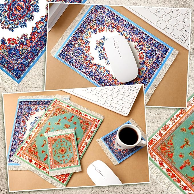 Hushee 4 Pcs Style Carpet Mouse Pad Mini Vintage Coasters Oriental Mouse Pad Floral Pattern Graduation Gift Rug with Anti Slip Rubber Base for Doll House Desk(Novel Style)