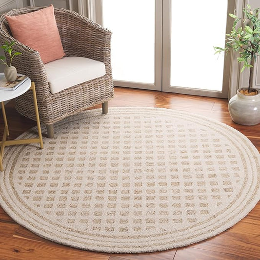 SAFAVIEH Ebony Collection Area Rug - 4' Round, Ivory & Beige, Handmade Wool, Ideal for The Living Room, Dining, Bedroom (EBN604A)