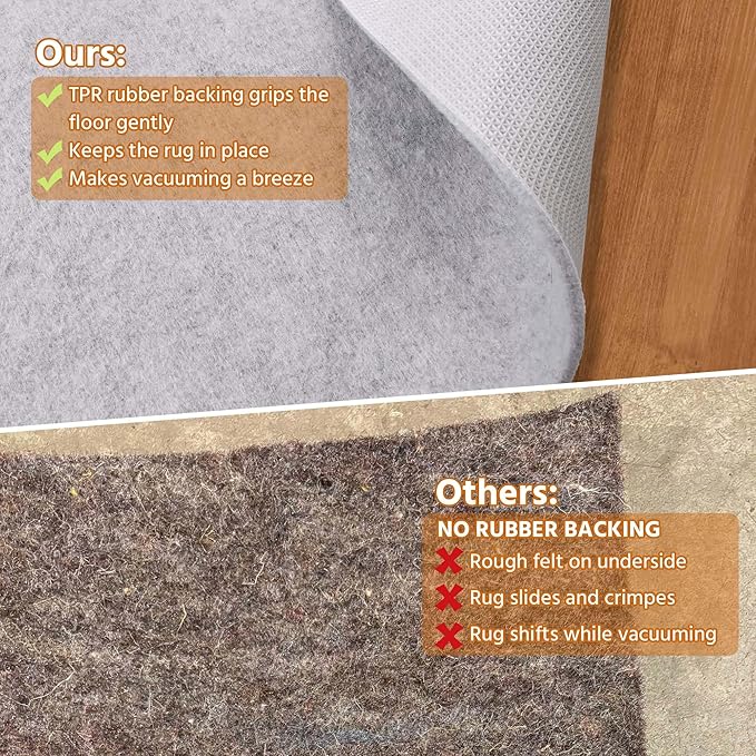 5' x 8' Non Slip Rug Pad Waterproof, 1/4" Thick 100% Felt +Rubber Rug Pad, Under Area Rug Pad Protective Cushioning Rug Pads Carpet Gripper Keep Rugs in Place, Safe for All Floors