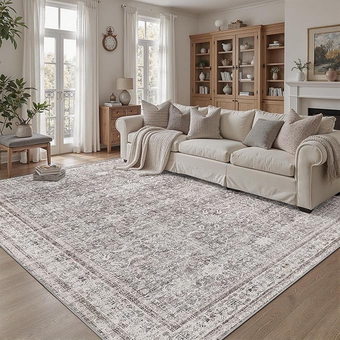 DCX Machine Washable Beige and Grey Area Rug 5x7, Non Slip Stain Resistant Vintage Rug for Living Room Diningroom Bedroom Nursery, Soft Low Pile Large Carpet