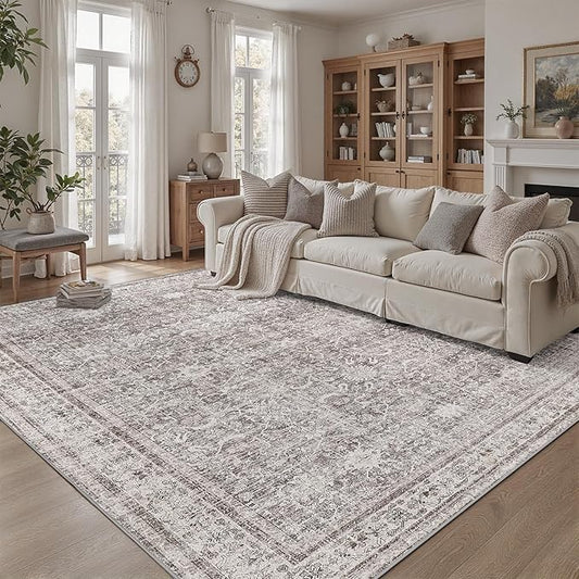 DCX Machine Washable Beige and Grey Area Rug 5x7, Non Slip Stain Resistant Vintage Rug for Living Room Diningroom Bedroom Nursery, Soft Low Pile Large Carpet