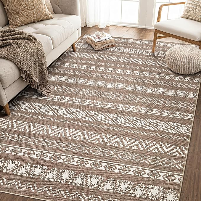 Area Rug Living Room Rugs - 8X10 Washable Boho Farmhouse Bohemian Neutral Large Moroccan Geometric Soft No Slip Indoor Thin Floor Carpet for Bedroom Under Dining Table Home Office -Dark Brown