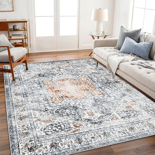 5x7 Washable Thin Foldable Area Rug Gray Vintage Rug Traditional Floor Cover Retro Kitchen Indoor Distressed Non Slip Carpet Floral Print Mat Bedroom Living Room